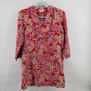 Boden Tunic Dress Womens 4R Red Paisley 100% Linen Pom Pom Trim 3/4 Sleeve W0294